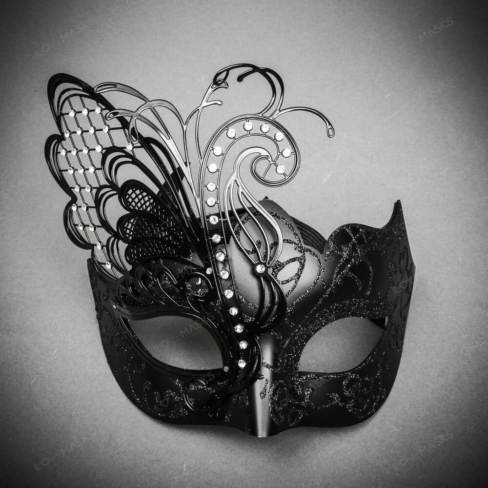 Black Elegant Butterfly Laser-Cut Metal Glitter Masquerade Party Women Face Mask